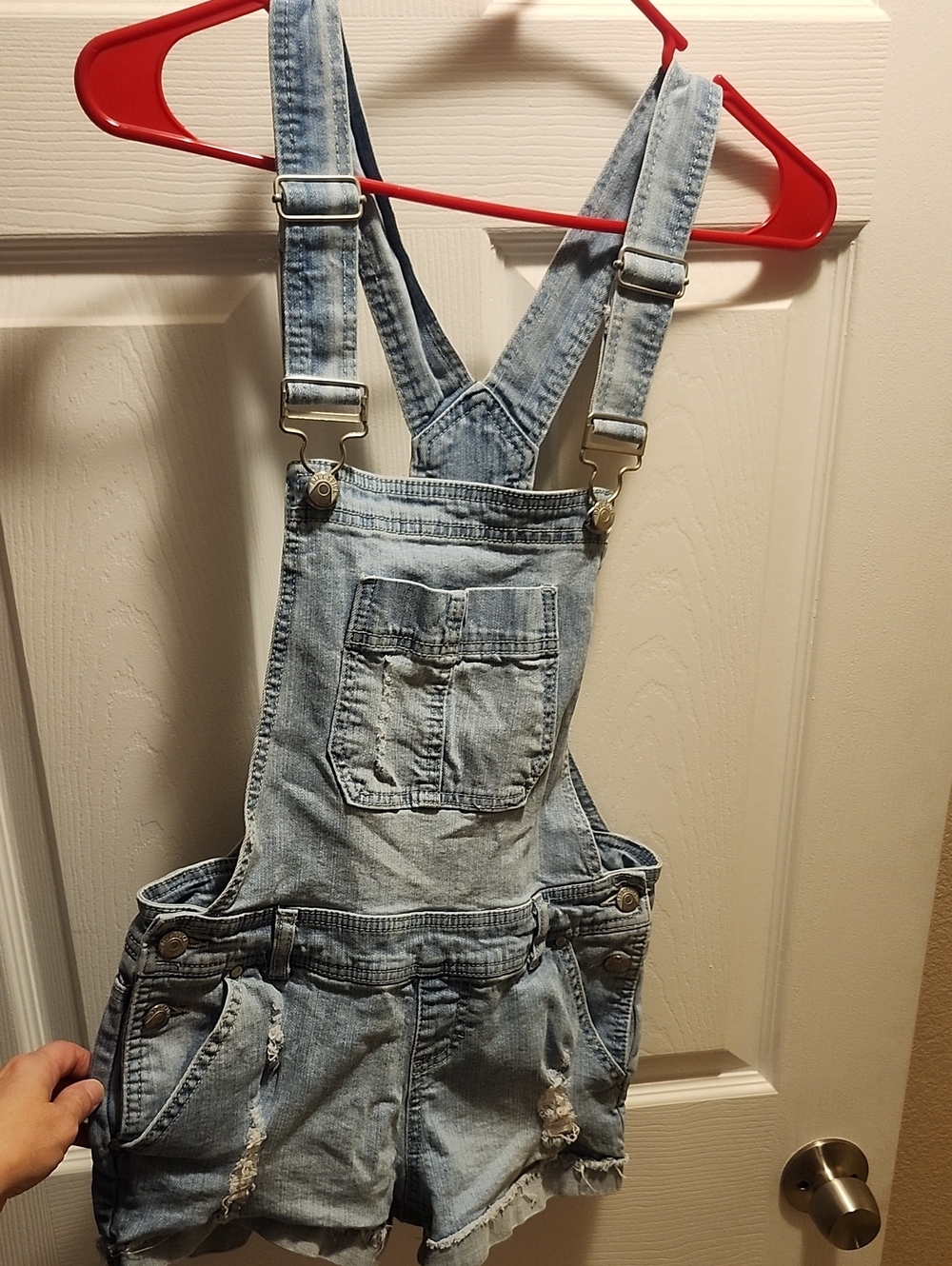 Blue Spice Light Wash Destressed Denim Short Overalls